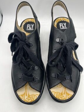 Fly London Ylfa black leather lace-up wedge sandals Sz EU 37 EUC